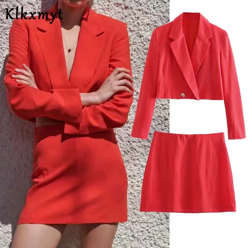 Klkxmyt Za 2022 Vintage Two Pieces Sets Women Linen Cropped Blazers Coat And High Wasit Mini Skirts Casual Women Sets