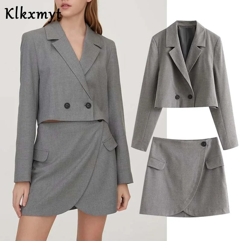 Klkxmyt Za 2022 Woman Suit Office Cropped Casual Blazers Coat And High Wasited Mini Skirts Set Women 2 Pieces Sets