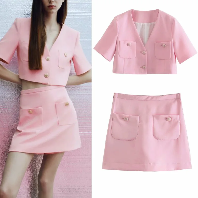 KUMSVAG Women Summer Casual Suits 2-piece Sets 2022 ZA Short Blazers Coats and Shorts Skirts Female Elegant Sweet Clothes CD8085