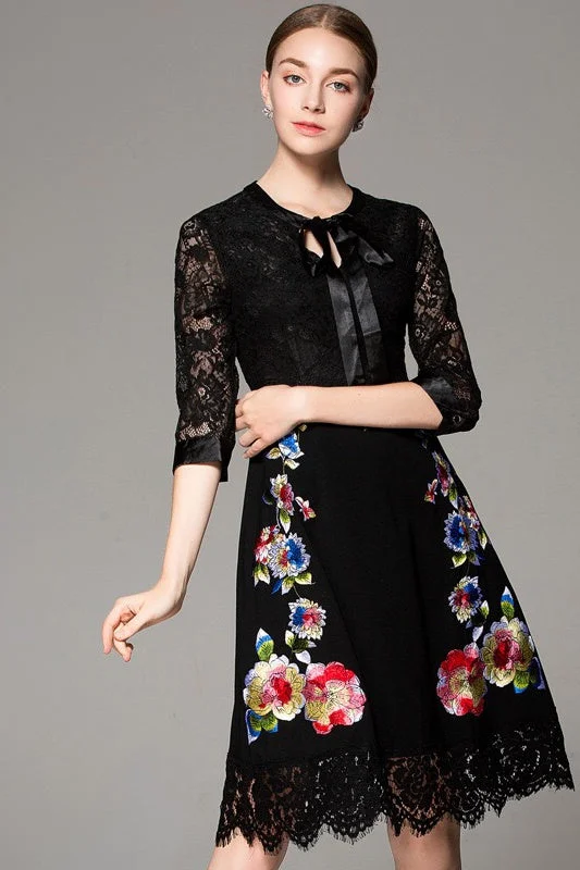 Lace Dress W/ Embroidery and Bow Tie