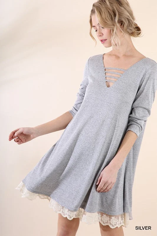 Lace Trim V Neck Knit Dress