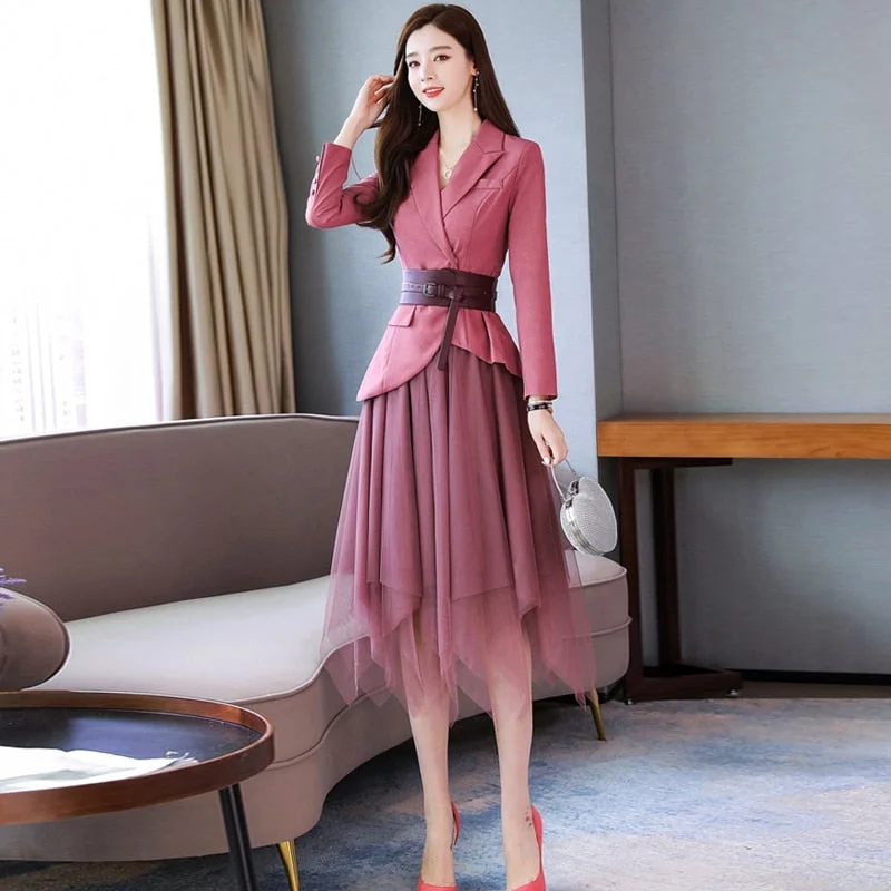 Ladies Skirt Suit Feminine 2022 Spring Casual Elegant Ladies Blazer Half Mesh Skirt Two-piece