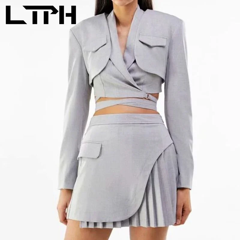 LTPH Gray Suit women Outfits 3 Pieces Set None Button Short Blazer strappy waistcoat Casual pleated Skirt Suits 2022 Spring New