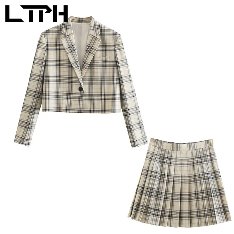 LTPH preppy style suit Outfits two piece set women short plaid casual Blazer high waist mini pleated Skirt Suits 2022 Spring New