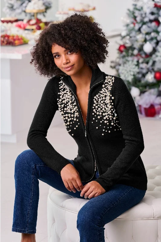 Pearl Embellished Zip-Up Cardigan Sweater Black