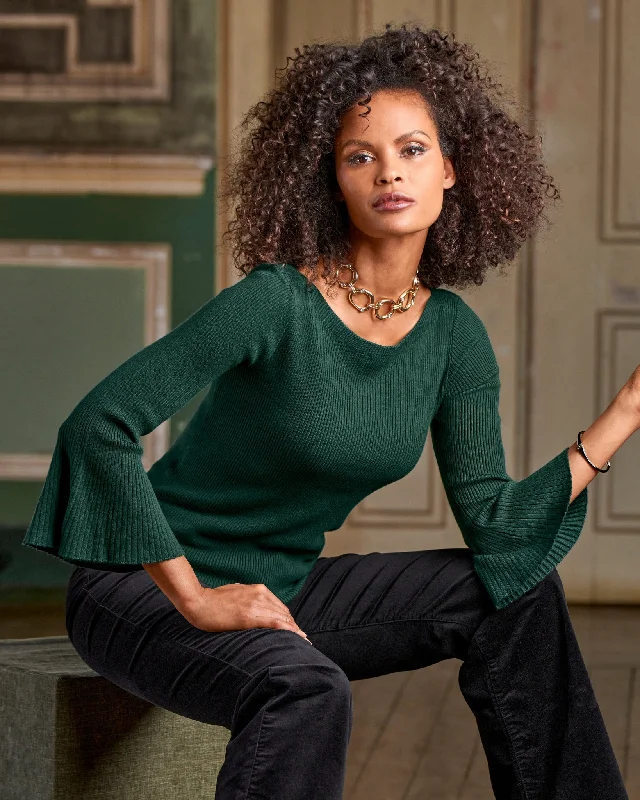 Ribbed Boatneck Flare Sleeve Sweater Deep Emerald