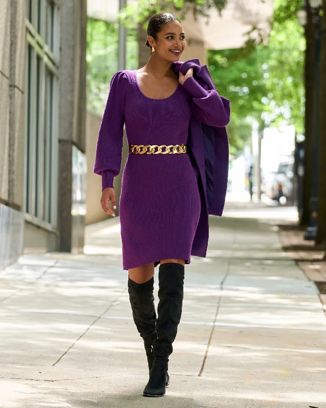 Scoop Neck Balloon Sleeve Sweater Dress Grape Juice