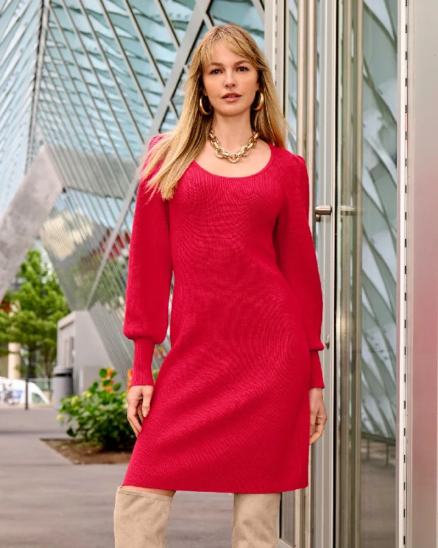 Scoop Neck Balloon Sleeve Sweater Dress Tomato Red