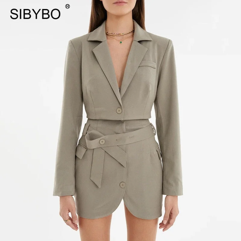 Sibybo Two Piece Sets Blazer And Skirt 2022 Autumn Women Notched Collar Cropped Blazer Black Mini Skirts Femme Casual Outfits