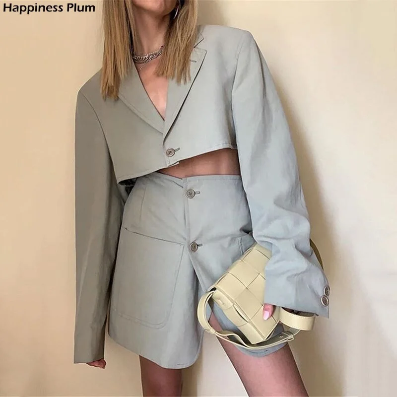 Spring Cropped Blazer Skirt Set Oversize Two-Piece Women Mini Skirt Trf Casual Slim Suit Set Dress Mujer Clothes