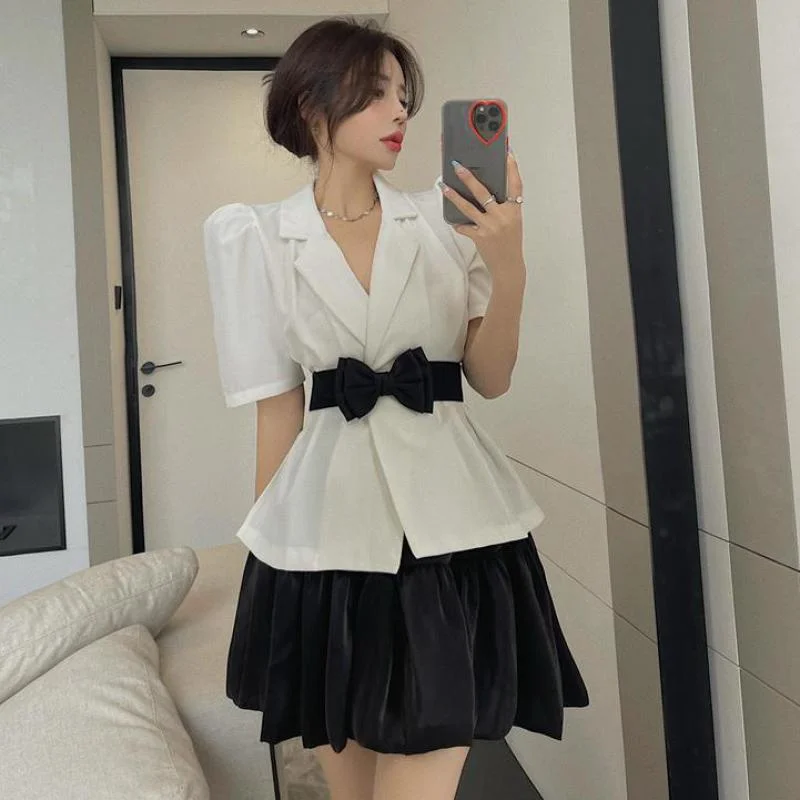 Summer Blazer Women Two Piece Set Casual Solid Color Short Sleeve Small Suit Jacket And High Waist Mini Skirt Suits With Belt