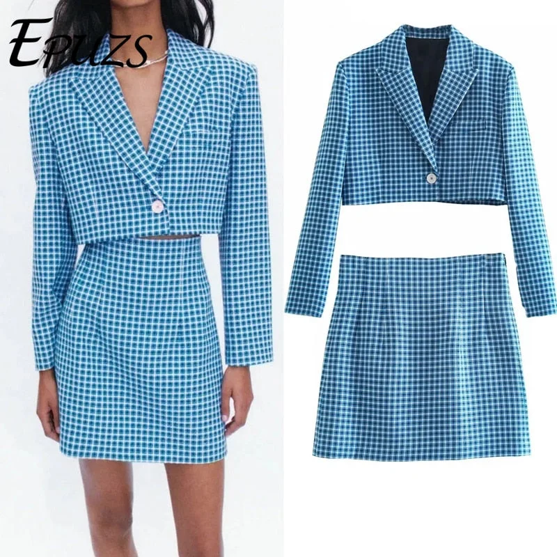 Summer Suit Za 2 Piece Set Women Sets Blue Plaid Cropped Blazer Suits Elegant Office Casual High Waist Mini Skirt Female