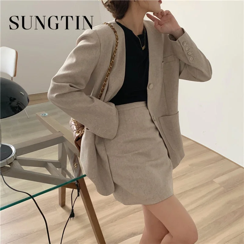 Sungtin Office Lady Casual Suit Blazer 2 Piece Set Women Skirt Suits V Neck Blazer Coat A Line Mini Skirt Two Piece Set Korean