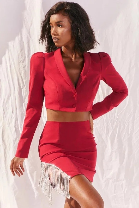 Tassel Diamond Blazer Skirt Suits Two Piece Set Women Solid Colors Single Breasted Short Blazer Casual Mini Skirts Set