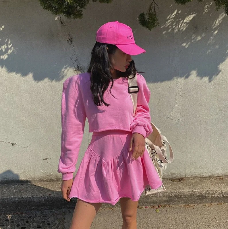 trendy casual cute short skirt Suit Women's casual short Sweatshirt + high waist A-line skirt Two-piece Korean Suit 2022