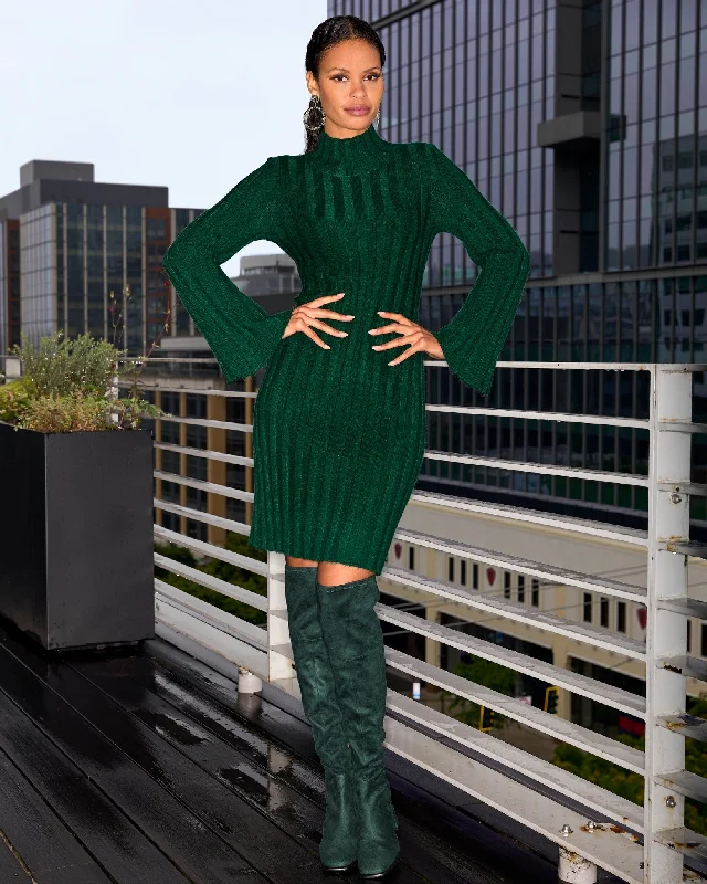 Turtleneck Bell Sleeve Wide Rib Sweater Dress Deep Emerald