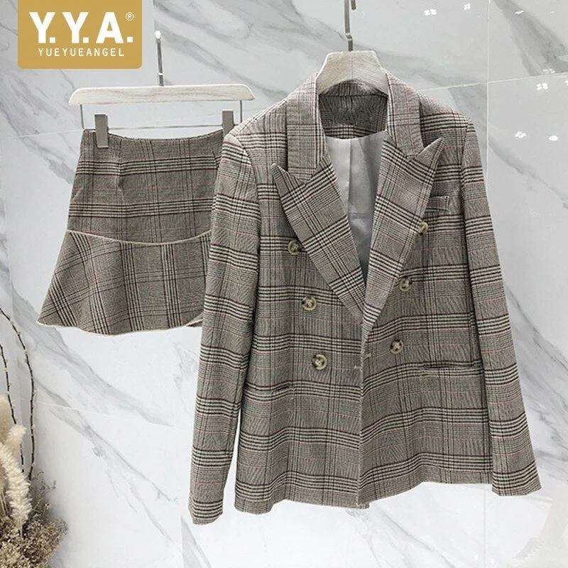 Vintage England Style Womens Casual 2Pcs Plaid Skirt Suits Double Breasted Notched Collar Blazer Short Ruffles Skirts Streetwear