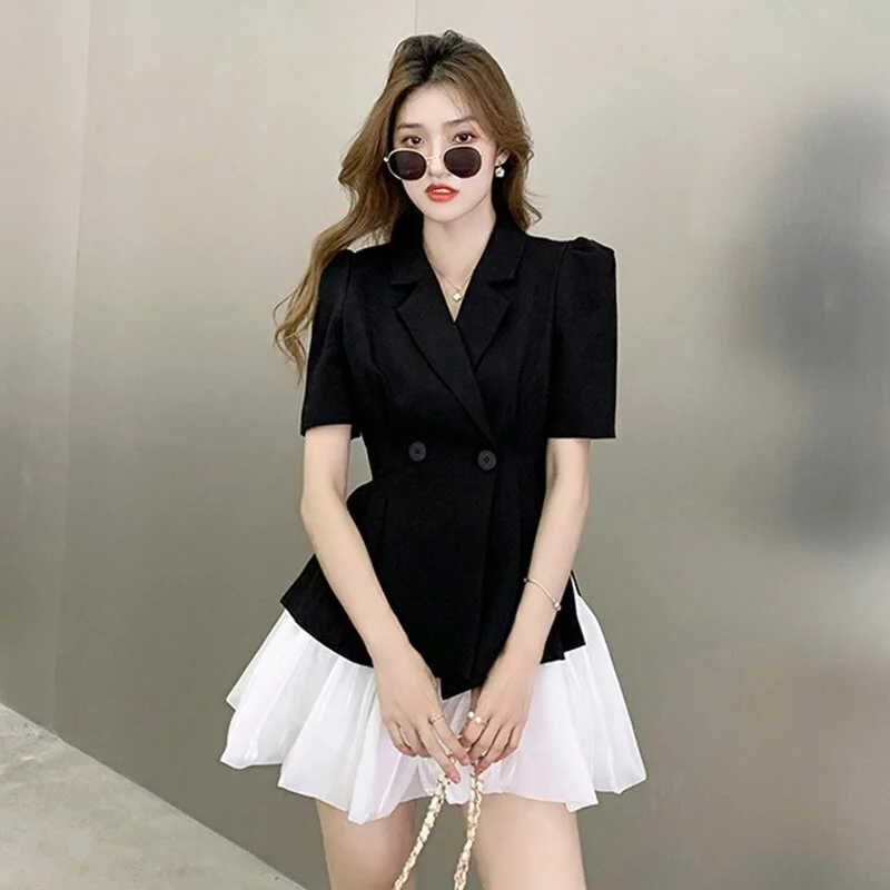 Vintage Short Sleeve Blazer Women Casual Mini A-Line Skirt Black Double Breasted Folds Split Jacket Coat 2 Pieces Set