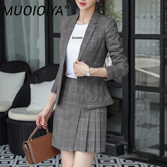 Vintage Skirt Suits Women Slim Plaid Blazer Top Sexy Pleated Mini Skirt 2 Piece Set Casual Formal Work Office Ladies Wear Outfit