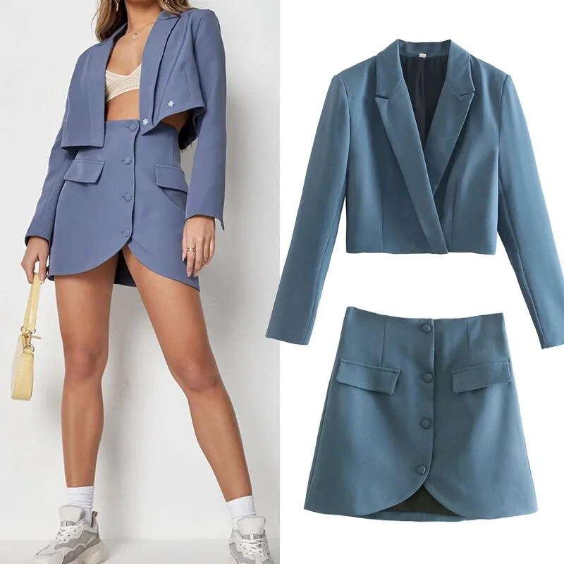 Vintage Women Elegant Short Skirts Suits 2022Za Spring-Summer Blazer Mini Skirt 2-Piece Set Buttons Chic Office Casual