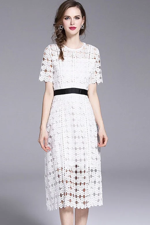 White Lace Dress W/ Contrast Band