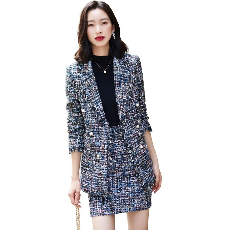 Winter Jackets Blazer Coat and Mini Skirt Suit Casual Gray Blue Plaid Women Girl Thick Fabric Two Pieces Set skirt