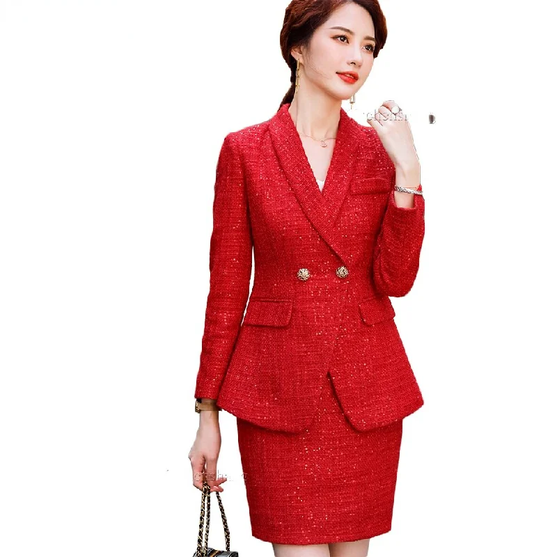 Winter Jackets Blazer Coat and Mini Skirt Suit Women Girl Thick Fabric Red White Plaid Casual Two Pieces Set skirt