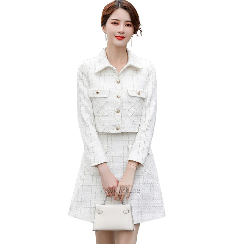 Women Girl Skirt Suit Blue White Casual Short Single Breasted Plaid Blazer Jacket Two Piece Set skirt suit