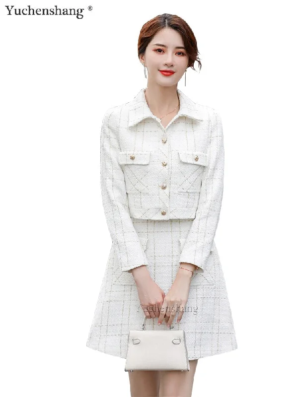 Women Girl Skirt Suit Blue White Casual Short Single Breasted Plaid Blazer Jacket Two Piece Set