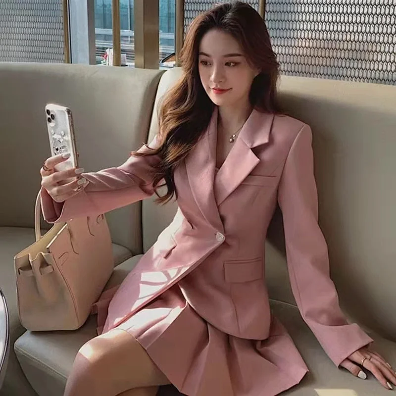 Women Long Sleeve Coat And Mini Skirts Two Pieces Set Office Lady Solid Business Suit Jacket Coat Casual Pleated Skirts Set