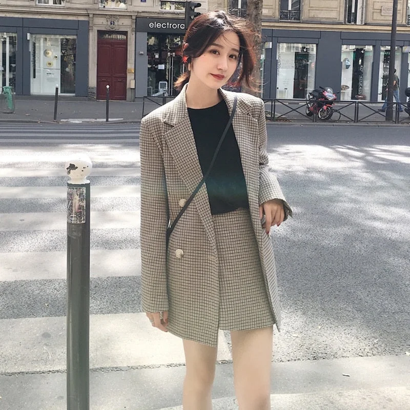 Women Plaid Skirt Suits Double Breasted Jacket Blazer & High Waist Mini Skirt Casual Female 2 Pieces Set