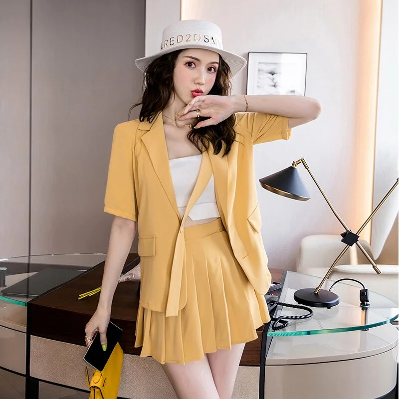 Women Summer Casual Retro Elegant OL Set Turn-down Collar Buttons Short Sleeve Loose Jacket And Pleated Mini Skirt Two Piece Set