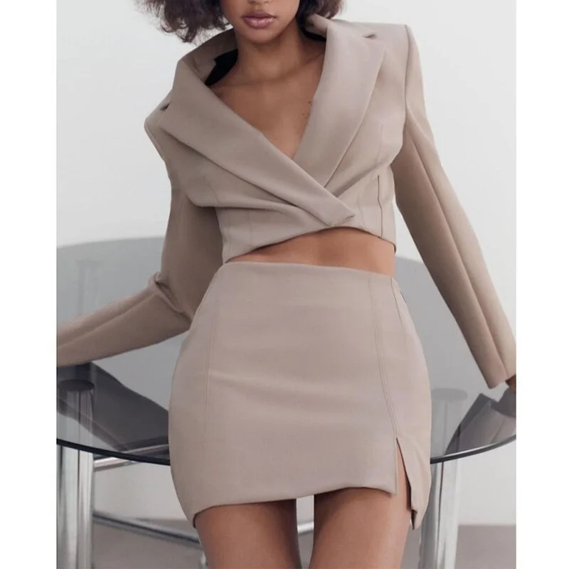 Women Summer Elegant Skirt Suits ZA 2022 Solid Short Blazers Coats and Mini Skirts Female Casual OL 2-piece sets Clothing