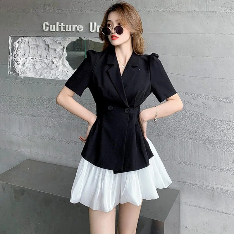 Women Summer Korean Vintage Short Sleeve Double Breasted Folds Jacket Coat Blazer Casual White Mini Skirt 2 Pieces Set