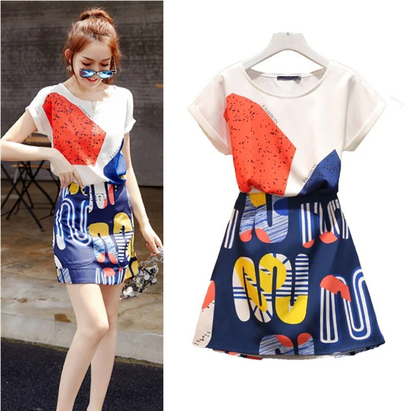 Women Summer Skirt Suit Short Sleeve Colorful Contrast Print Top Blouse O-neck And Mini Ladies Skirt Casual Twinsets Set NS847