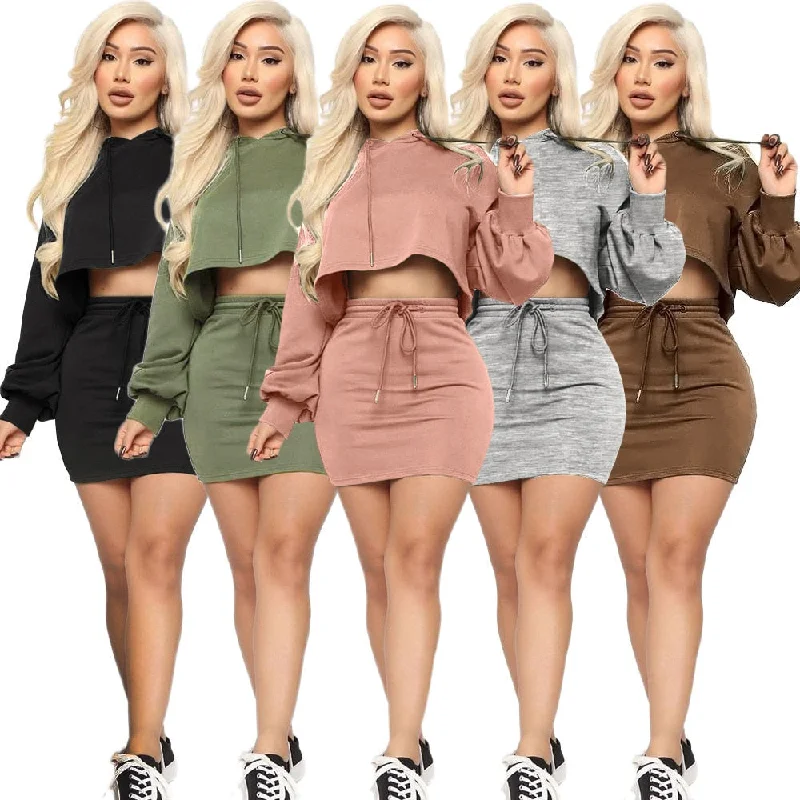 Women Sweatshirts Sport 2 Piece Set Tracksuits Sexy Casual Outfits Long Sleeve Short Hoodie Tops+Mini Skirts Streetwear