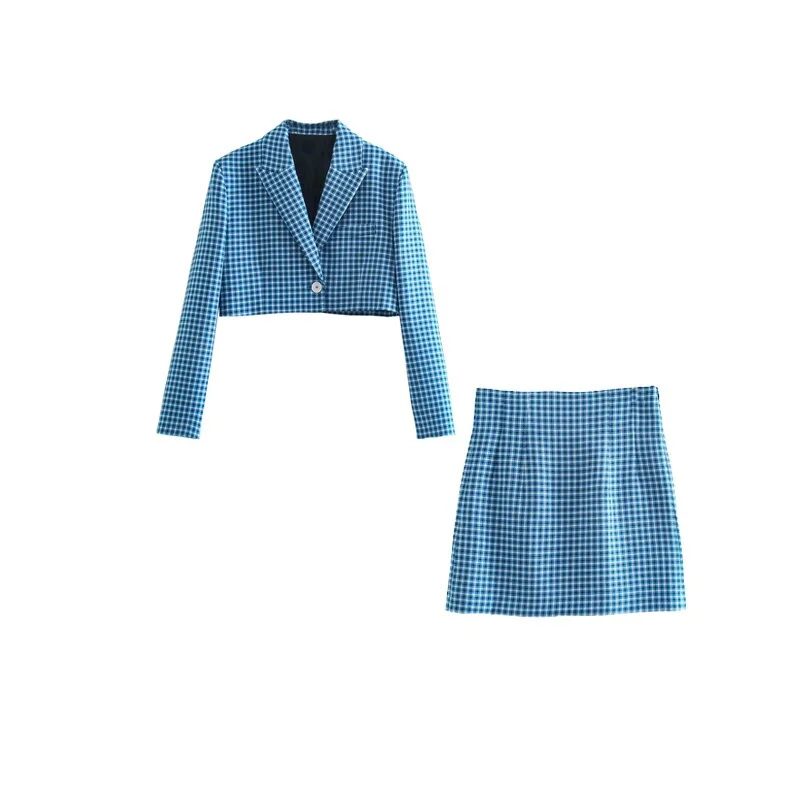 Women's suits European and American style plaid short casual suit jacket + skirt 2-piece set