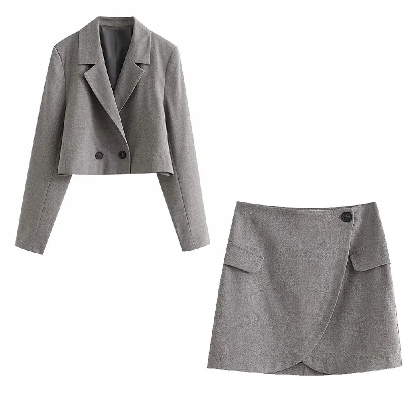 XIKOM Women Two-piece Set Vintage Solid Office Lady Double Breasted Short Blazer Female Casual Slim High Waist Skirt Suit