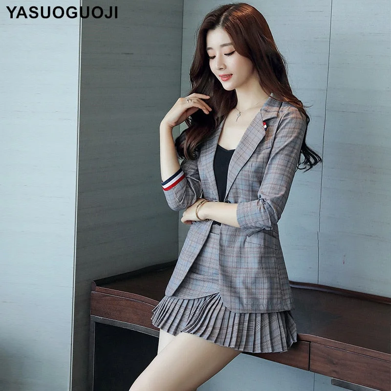 YASUGUOJI 2022 Office Lady Style Casual Plaid Skirt Suit Women Uniform Blazer with Sex Mini Pleated Skirt Suit Set QXF9