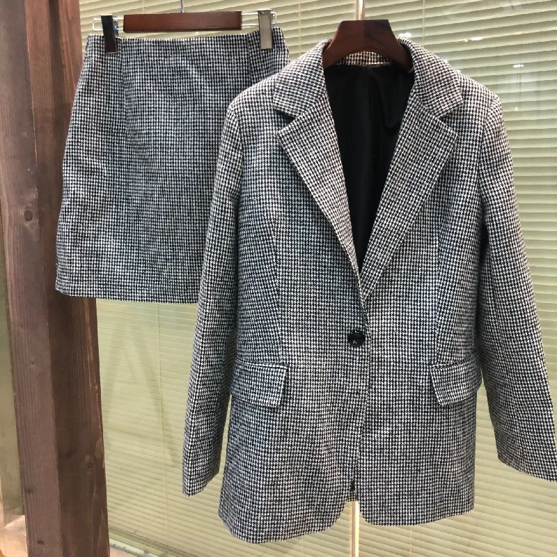 ZBZA Autumn casual and comfortable office white-collar simple style houndstooth slim suit + mini skirt