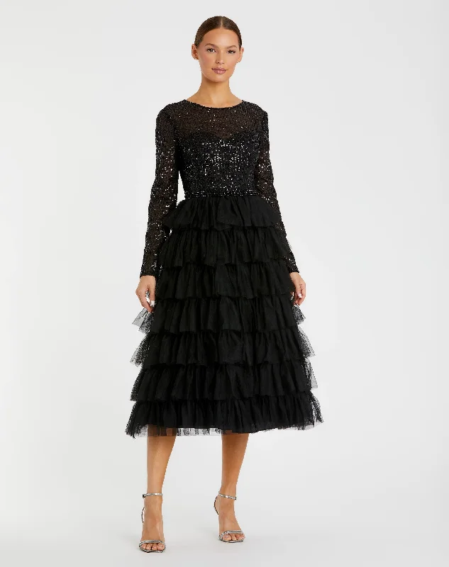 Black Long Sleeve Ruffle Tiered Midi Dress