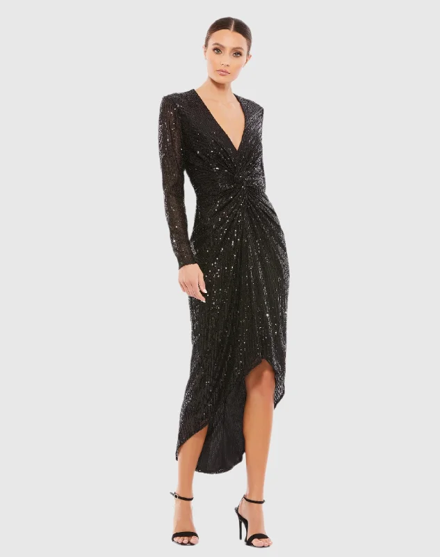 Sequined High Low Front Twist Midi Dress