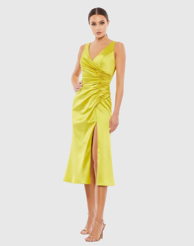 Satin Ruched V-Neck Faux Wrap Midi Dress