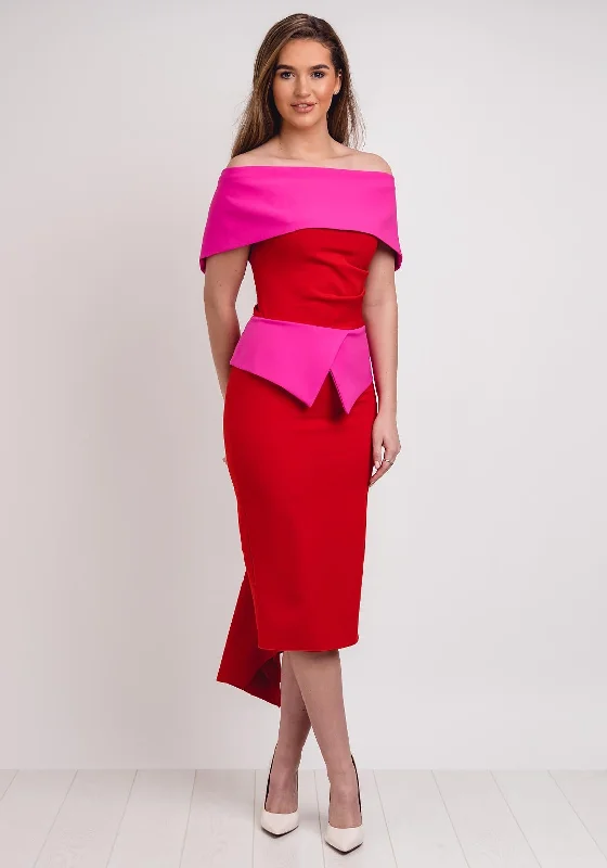 Kevan Jon Queenie Peplum Midi Dress, Red & Pink