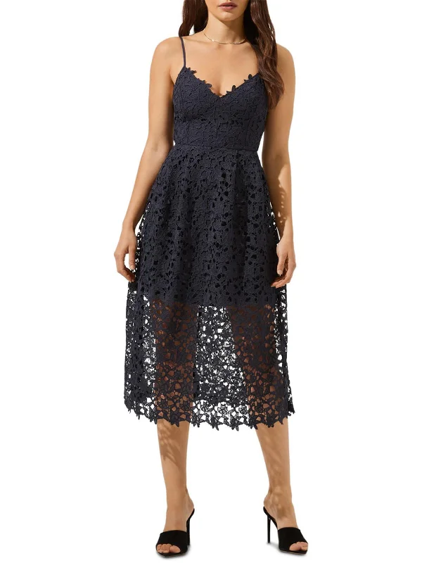 Womens Lace Overlay V Neck Midi Dress