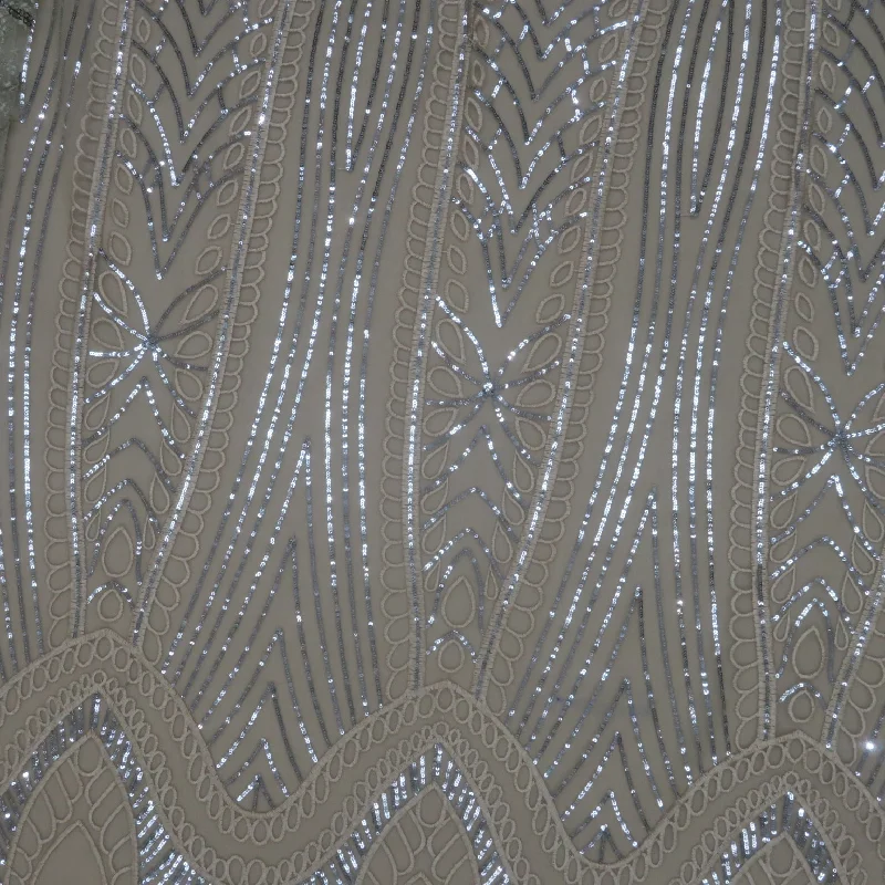 Beige Tulle with Champagne Abstract Design and Silver Sequin Embroidered Fabric