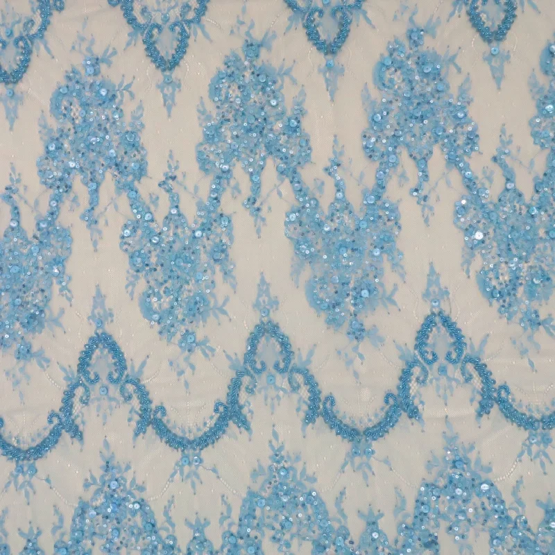 Blue Lace with Blue Sequin Design Embroidered Fabric