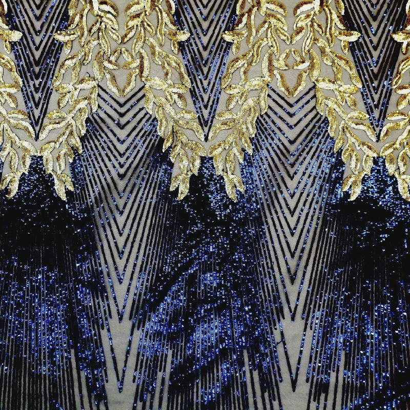 Dark Blue Tulle With Blue and Gold Sequin Abstract Design Embroidered Fabric