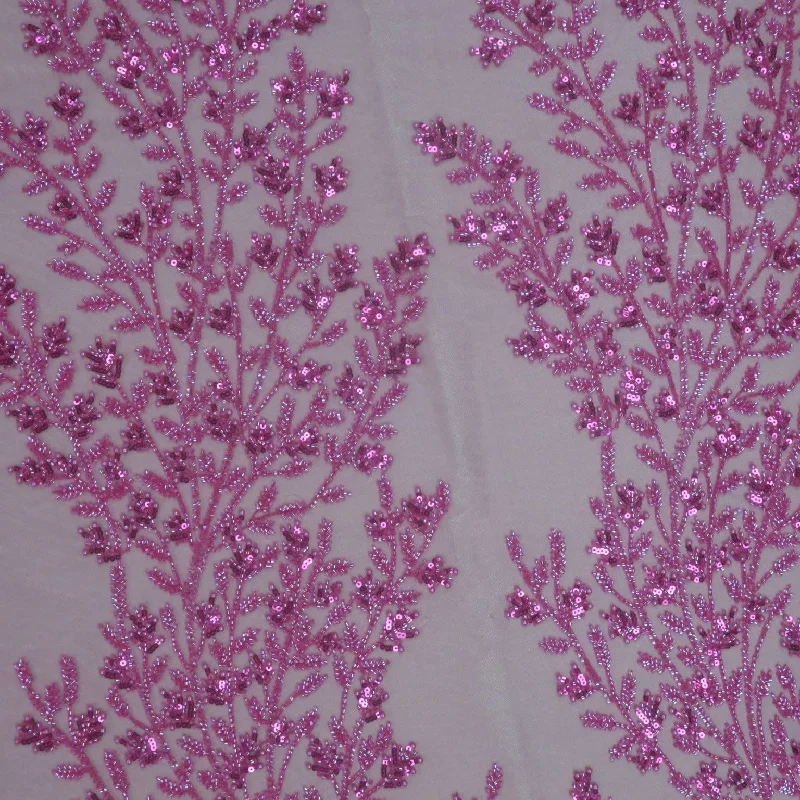 Fuchsia Abstract Branch Sequins Pearls and Bugle Beads on Embroidered Tulle Fabric