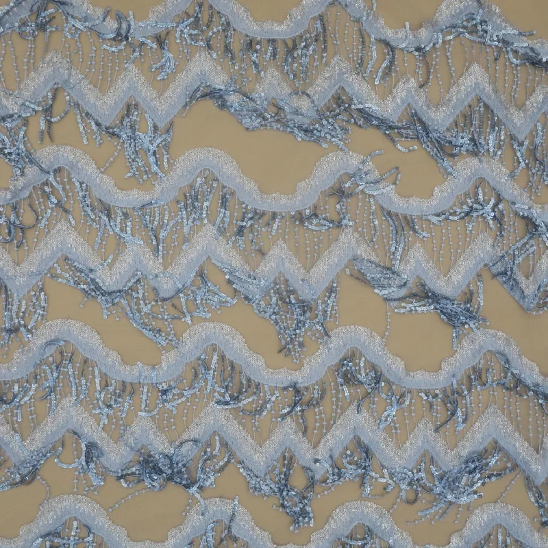 Ivory Tulle with Powder Blue Sequin Fringe Wave Design Embroidered Fabric